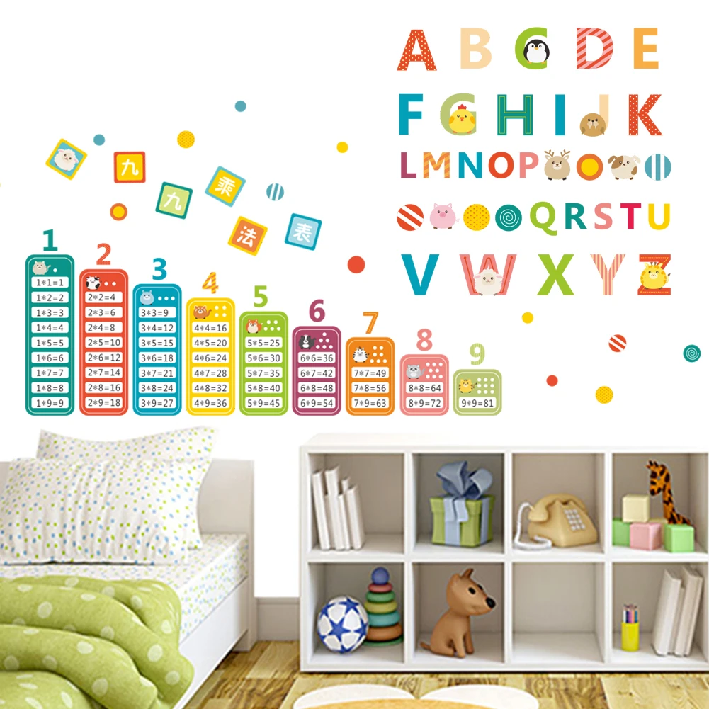 children teaching tools animals English alphabet Nine multiplication tables kids room nursery wall sticker home decor decal