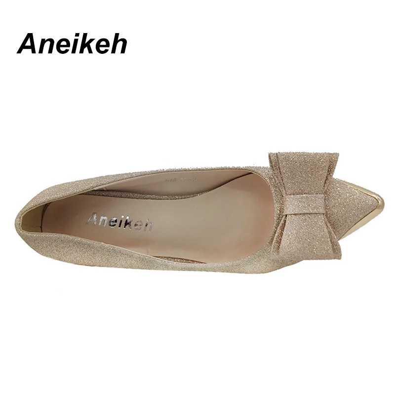 Aneikeh/женские туфли-лодочки на высоком каблуке; коллекция года; Рабочая обувь на шпильке с острым носком и бантом; пикантная обувь с блестками; zapatos mujer; цвет черный, золотой, серебряный