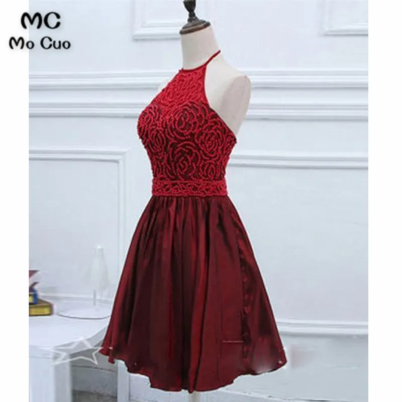 Satin Halter Short Burgundy Homecoming Dress with Beadings, Knee Length Formal Dressa