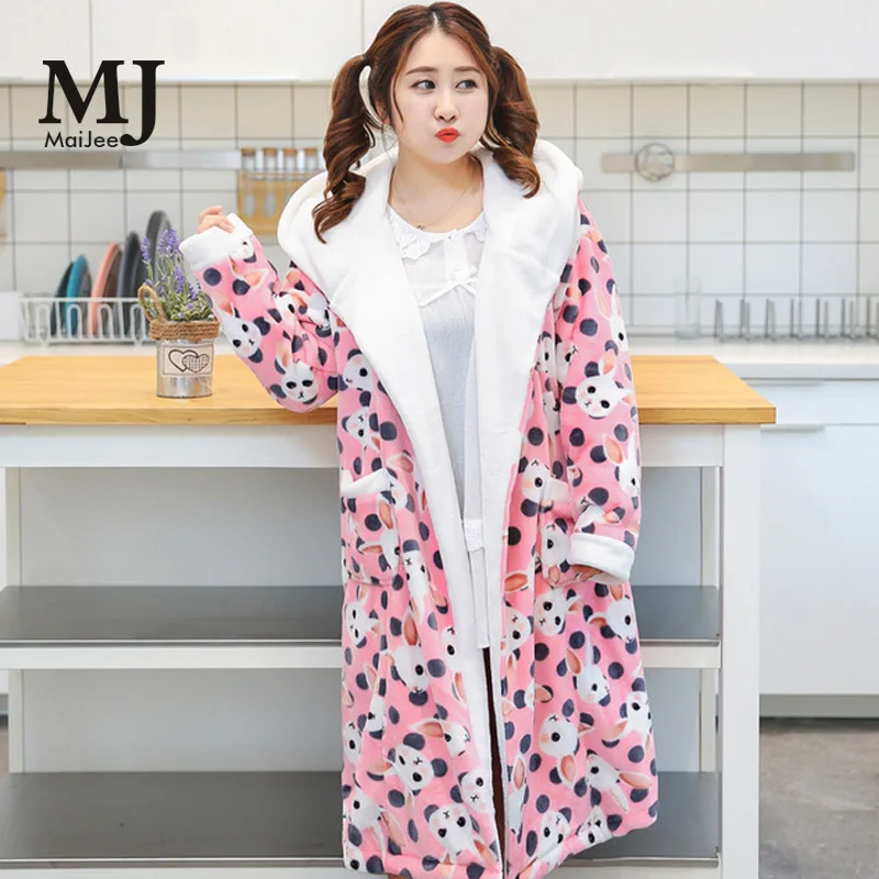

X021 MaiJee Flannel large Size Robe Bathrobe Bath Robe Flannel Ladies Plus Size Pajamas Robe Female Thick Female Bathrobe