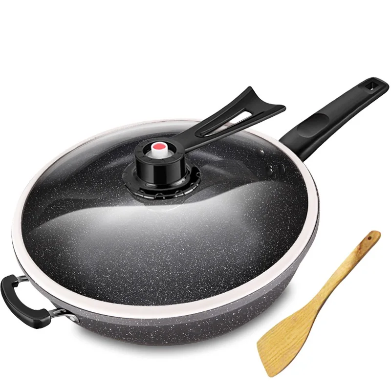

32cm Iron Skillets Maifan Stone Coating Frying Pan Wok Pressure Vacuum Cooking Pot With LID For Gas Stove & Induction Cooker