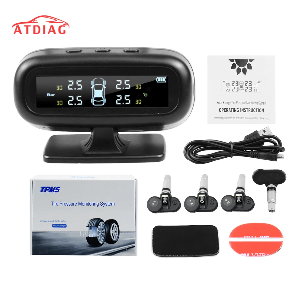 

2019 Solar TPMS Car Tire Pressure Alarm Monitor System Display Intelligent Temperature Warning with 4 sensors BAR LCD Display