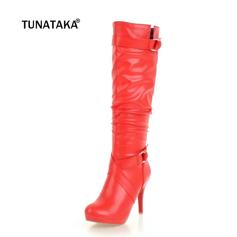 

Ladies Sexy Thin High Heel Platform Knee High Boots Fashion Zipper Boots Women Round Toe Buckle Warm Winter Shoes Black Red