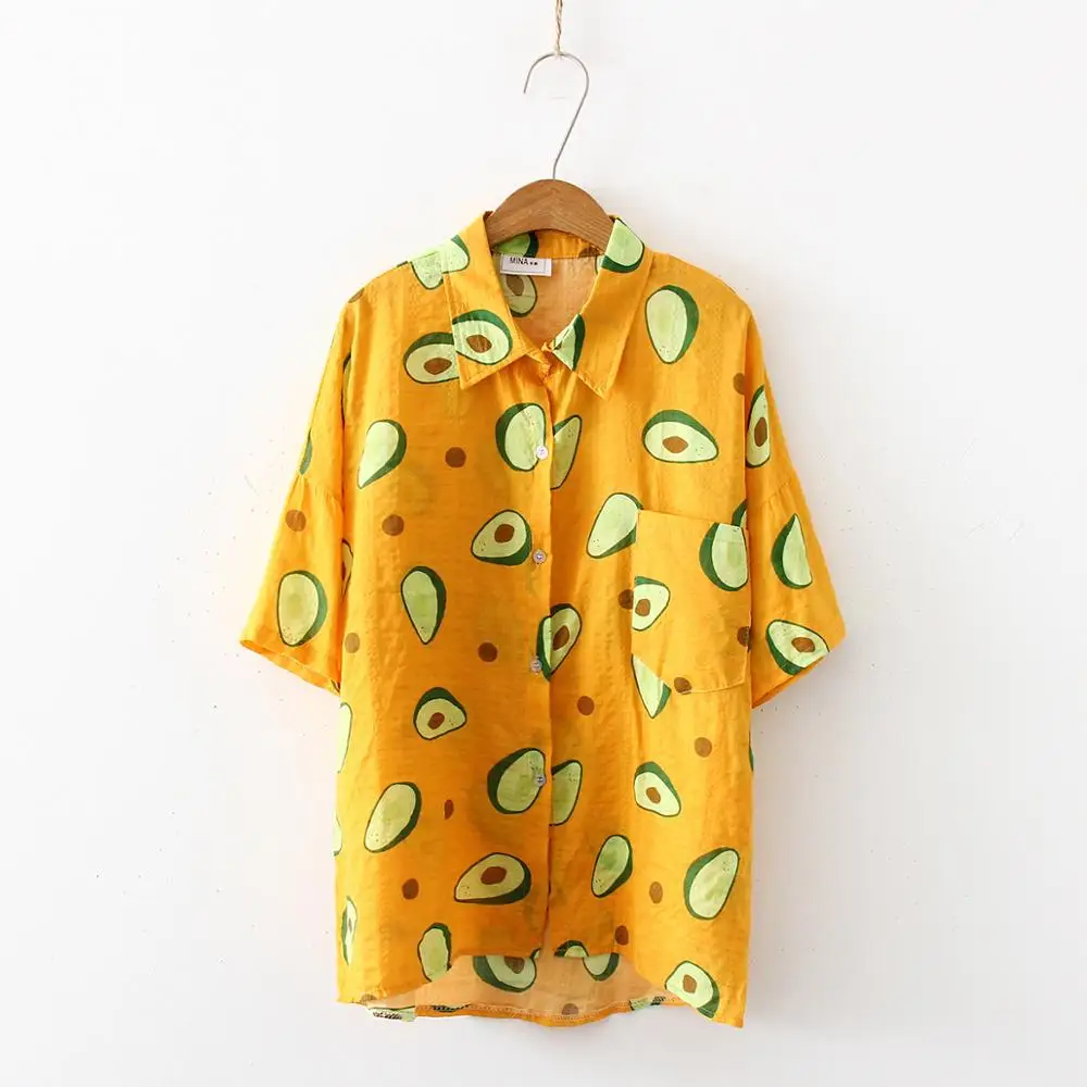 Dioufond, корейский стиль, летние блузки с коротким рукавом и фруктовым принтом, новинка, отложной воротник, хлопковые повседневные женские рубашки, Женский Топ