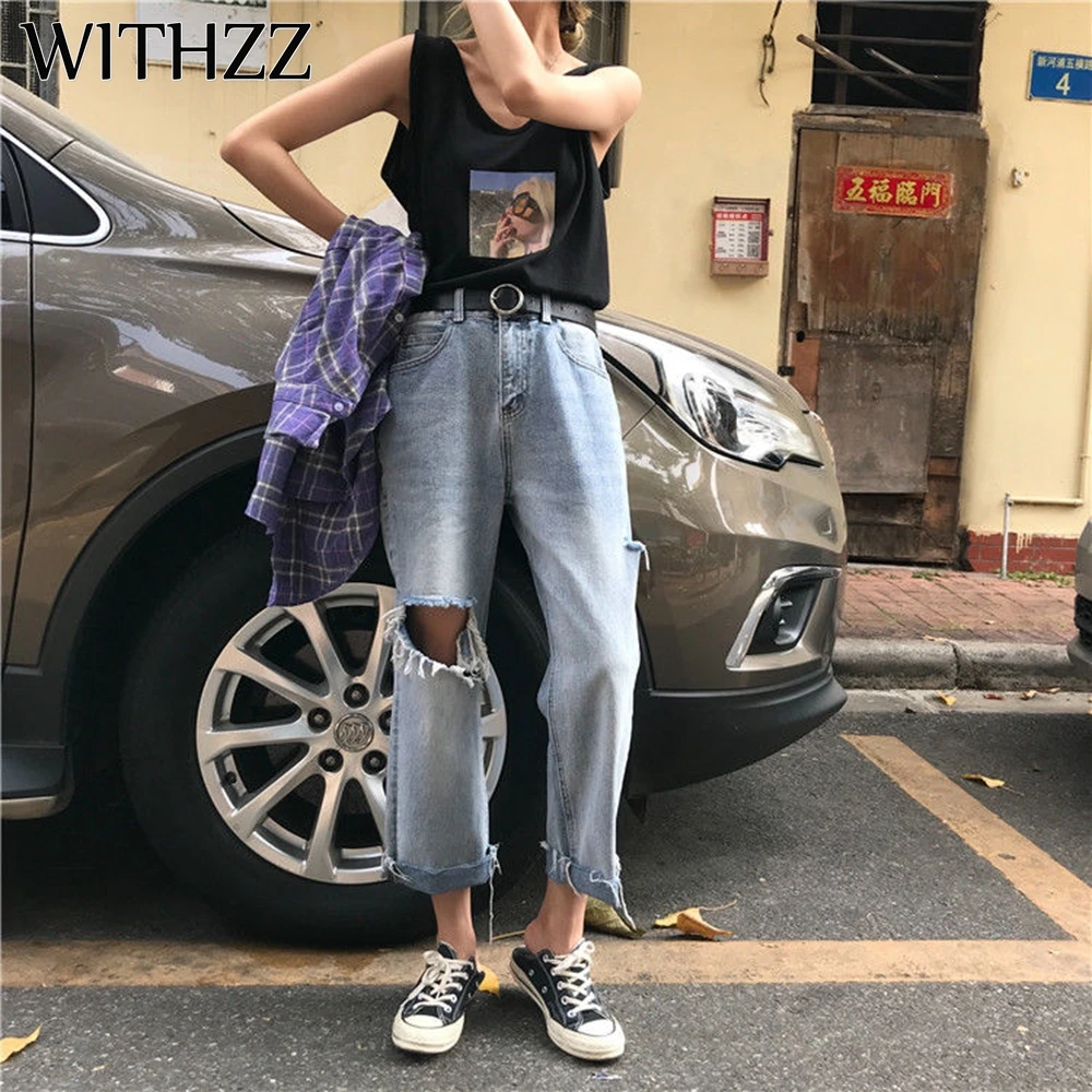 Beste WITHZZ Nieuwe Collectie 2XL Ripped Jeans vrouwen Losse Jeans Vrouwen Broek Broek Overalls Vintage Vrouwelijke Gescheurd Plus Size Broek