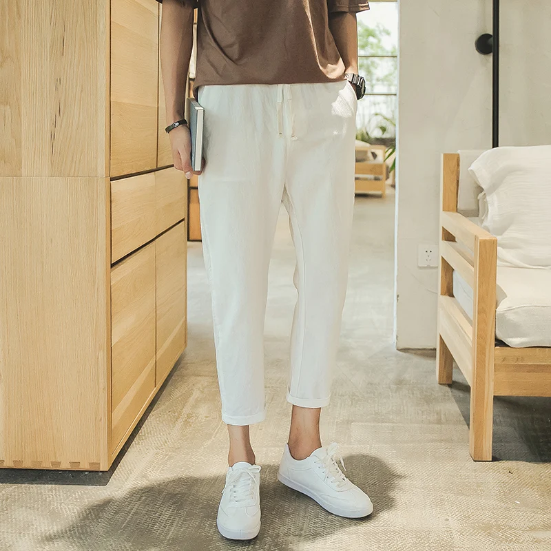 

Casual Pants Men Cotton Linen Solid Drawstring Pencil pants Slim Fit Streetwear Sweatpants Fashion Angle-length Pant