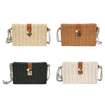 

Vintage Summer Box Shape Straw Weave Bag Bohemian Women's Handbags Retro Lock Female Shoulder Bag Bolsa Feminina