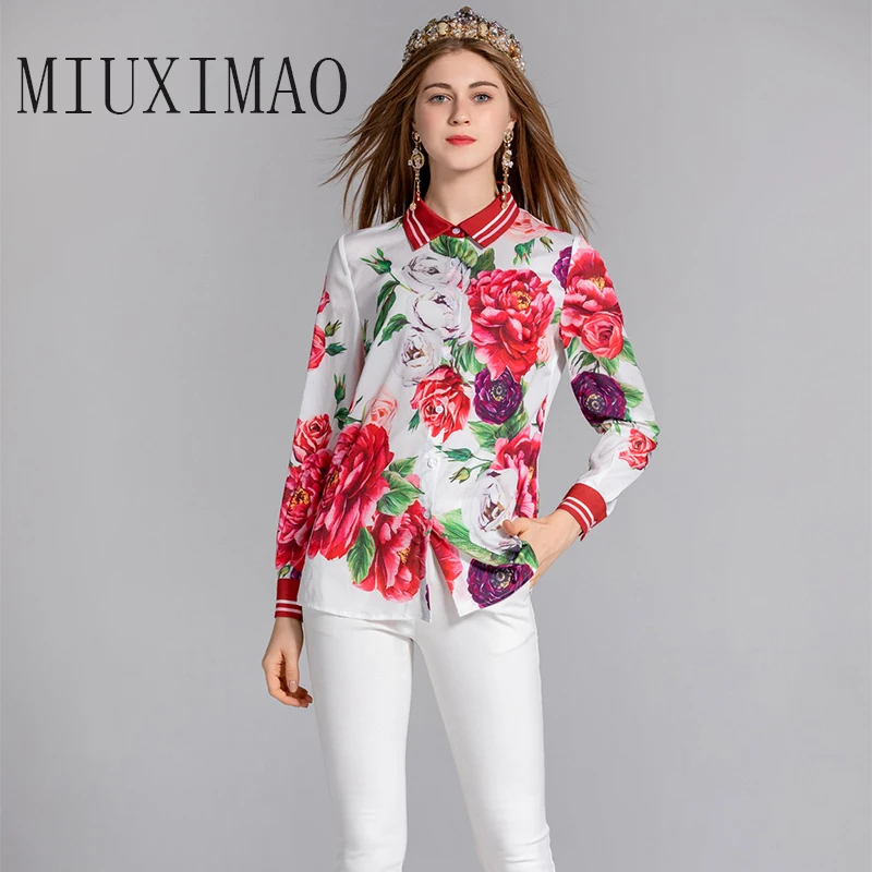 

2018 High Quality Autumn New Arrival Europe Style Flower Print Trun-down Collar Full Sleeve Button Elegant Autumn Blouse Women