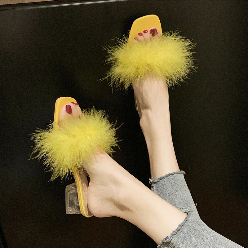 

2019 Fox Fur Slippers Women Transparent Heel Fluffy Fur Sandals Summer Fashion Outdoor open toe Slippers ladies