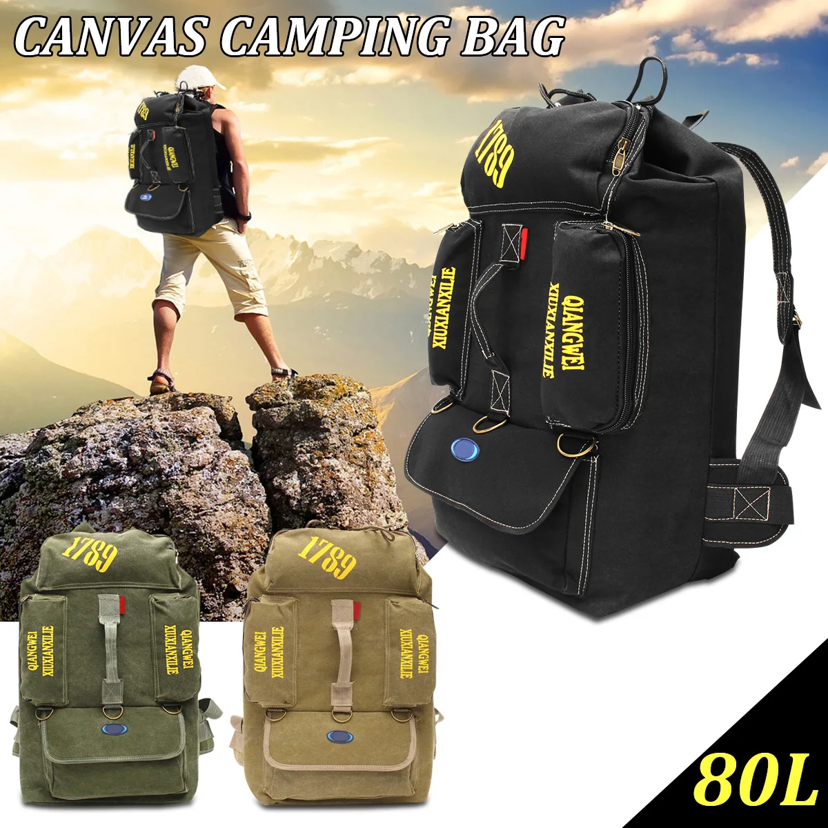 

80L Large Capacity Outdoor Sport Bags Camping Hiking Canvas Backpack Mountaineering Travel Rucksack Army Military Trekking Bag