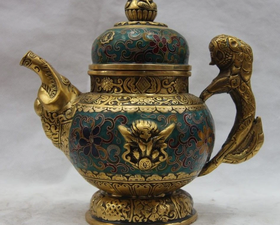 SCY 8 Китайский дворец Бронза Медь cloisonne дикий зверь Дракон колба-чайник винный