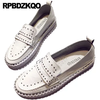 

loafers white black runway luxury stud round toe creepers platform shoes rivet diamond rhinestone women 2019 metal crystal flats