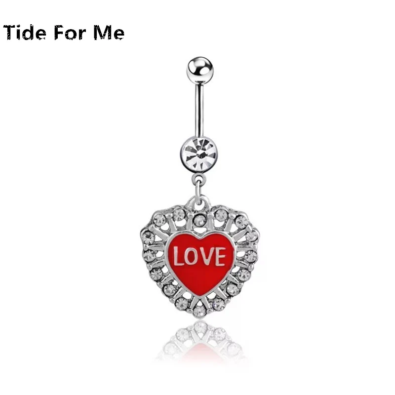 Fashion Heart Navel Piercing Belly Button Ring Red Crystal Pendant