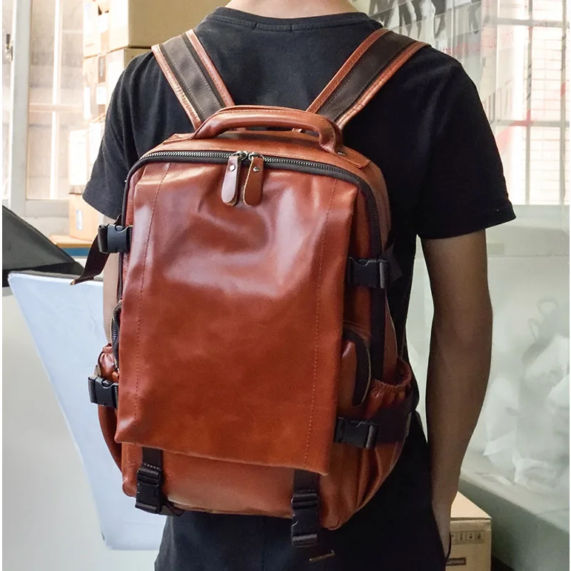 Мужской рюкзак из натуральной воловьей кожи, большой мужской женский рюкзак для ноутбука 14 дюймов, рюкзак унисекс из мягкой кожи, рюкзак для путешествий - Цвет: orange1