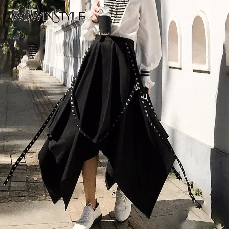 

TWOTWINSTYLE Black Asymmetrical Pleated Skirt Women Patchwork Rivet Sashes High Waist Skirts Female Fashion Causal Clothes 2019