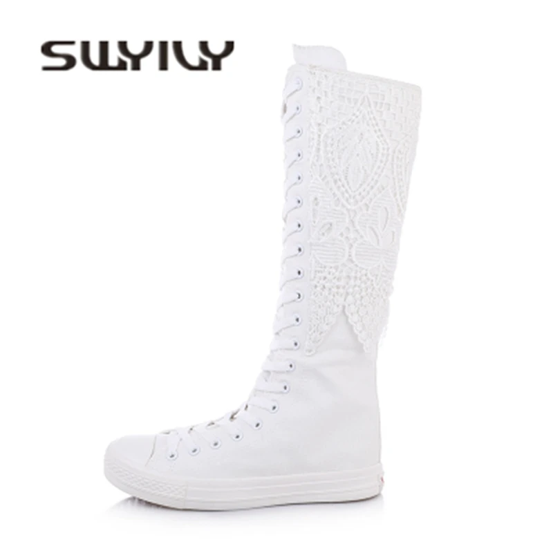 SWYIVY Large Size 43 Shoes Sneakers Woman High Top Lace 2018 Female COS Play Shoes Tall Boots Height Increased Canvas Shoes