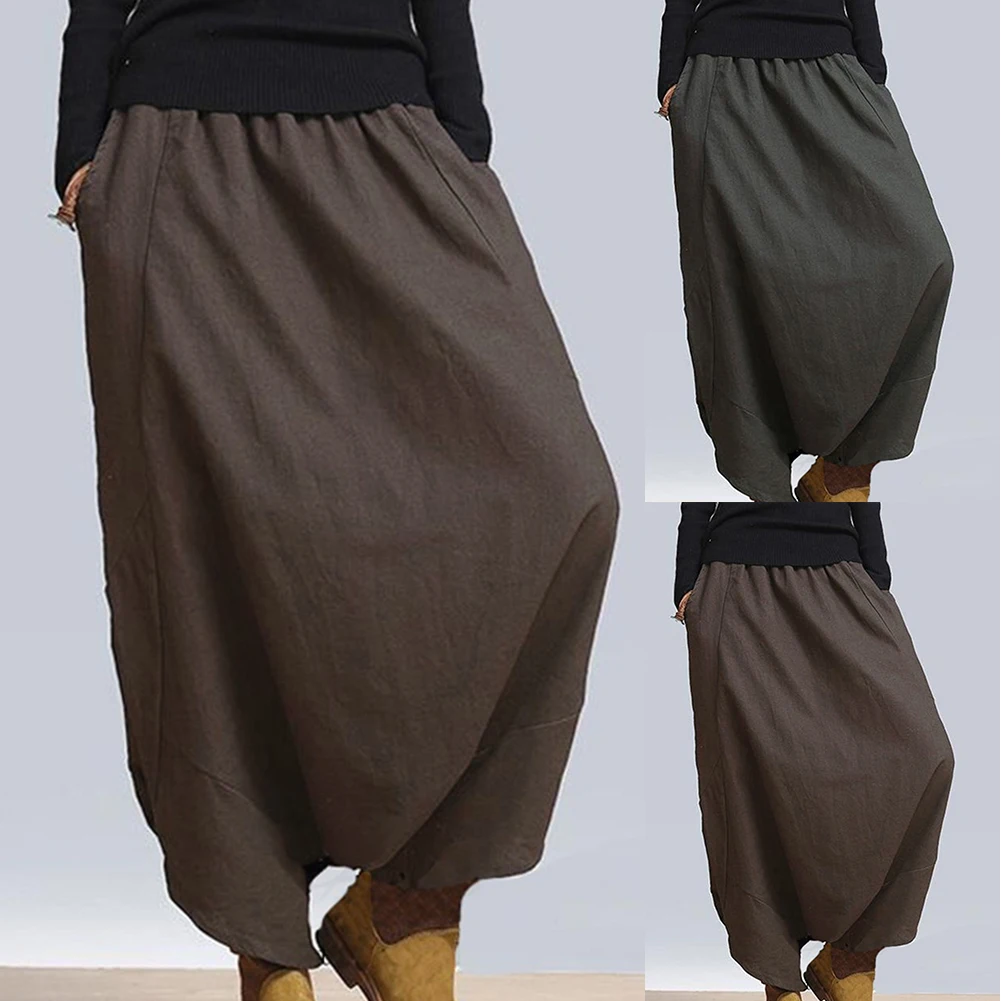 New Fashion Women Solid Color Elastic Waist Baggy Long Trousers Harem Pants