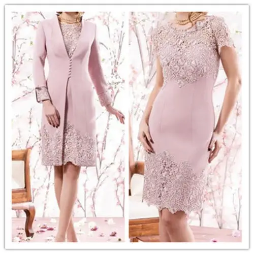 Vestidos De Noiva Pink Lace Knee Length Mother Of The Bride Dresses With Long Coat 3/4 Sleeves