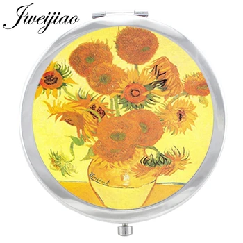 

JWEIJIAO Sunflowers Van Gogh Paintings Glass Cabochon Makeup Mirror Magnifying Floding Round compact Round pocket Mirror espejo