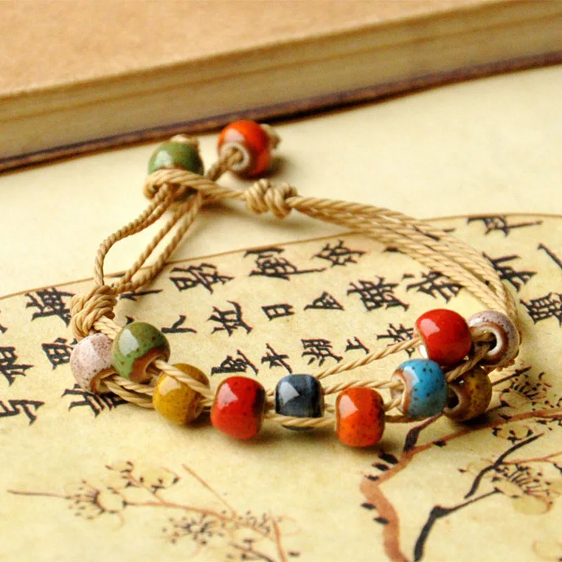 Multilayer Weave Rope Bracelets Ceramic Colorful Beads Charm Cuff