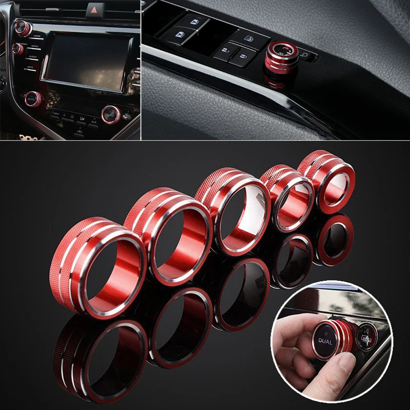 

5Pcs Aluminum Alloy Switch Covers Red Air Conditioning+Audio+Function Button Circle Trim Fit For 2018 Toyota Camry