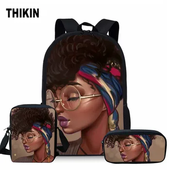 

THIKIN Children 3Pcs/Set School Bags for Kids Black Art African Girl Print School Bag Teenagers Book Bag Custom Backpack Satchel