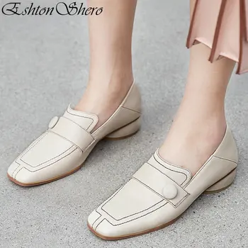 

EshtonShero Women Pumps Shoes Woman Platform Cow Leather+PU Square Low Heels Pointed Toe Black Ladies Wedding Shoes Size 3-9