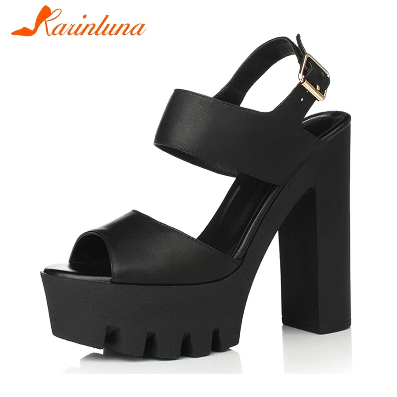 

KARINLUNA 2019 Ins Sexy Cow Genuine Leather Fashion Women Shoes Woman Platform Square High Heels Party Shoes Woman Sandals