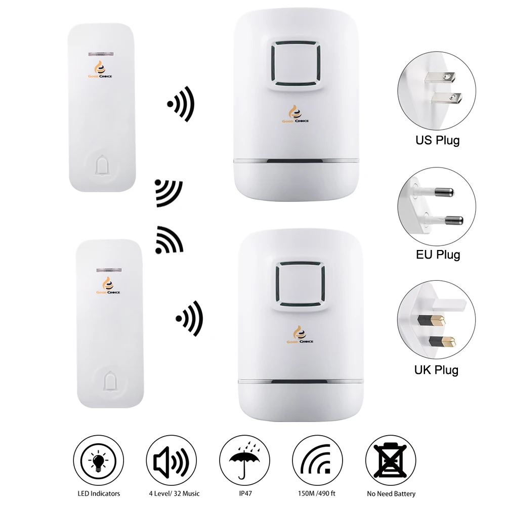 Wireless Doorbell Door Bell Chime Kit,Self-Powered,Waterproof, 2 Transmitters Bell-Push Buttons + 2 Plug-in Receivers Wireless Doorbell Door Bell Chime Kit,Self-Powered,Waterproof, 2 Transmitters Bell-Push Buttons + 2 Plug-in Receivers
