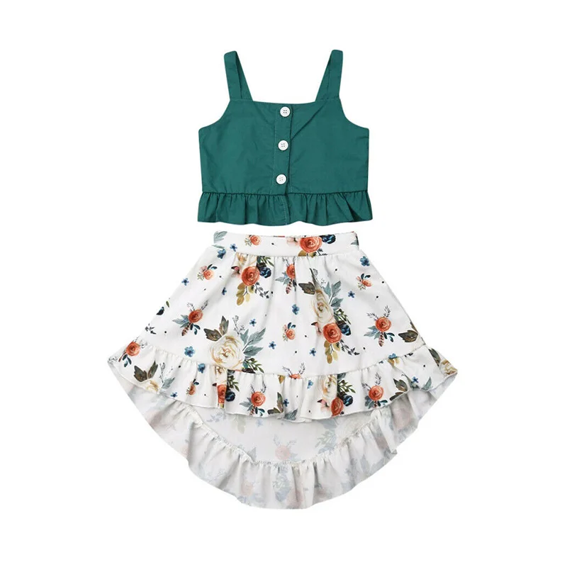 IMCUTE Green Flare Skirt Suit Kids Outfits Set Summer Baby Girl Floral Clothes