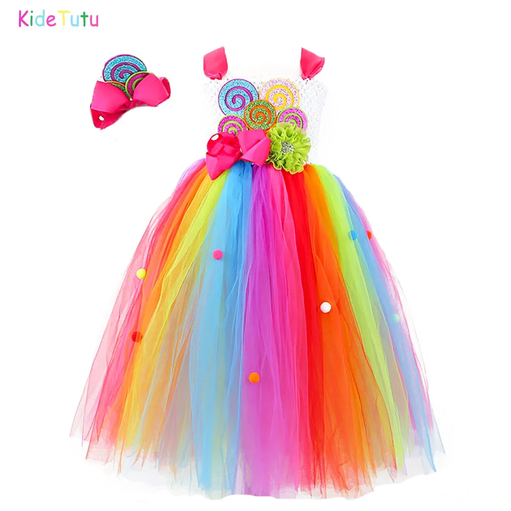 

Sweet Rainbow Candy Girls Tutu Dress Ankle Length Colorful Balls Lollipop Cosplay Costume Kids Pageant Birthday Clothes Outfit