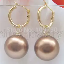 Ry00317 16 мм кофе южного моря перлы раковины earring-14KGP золото заполненные хооп