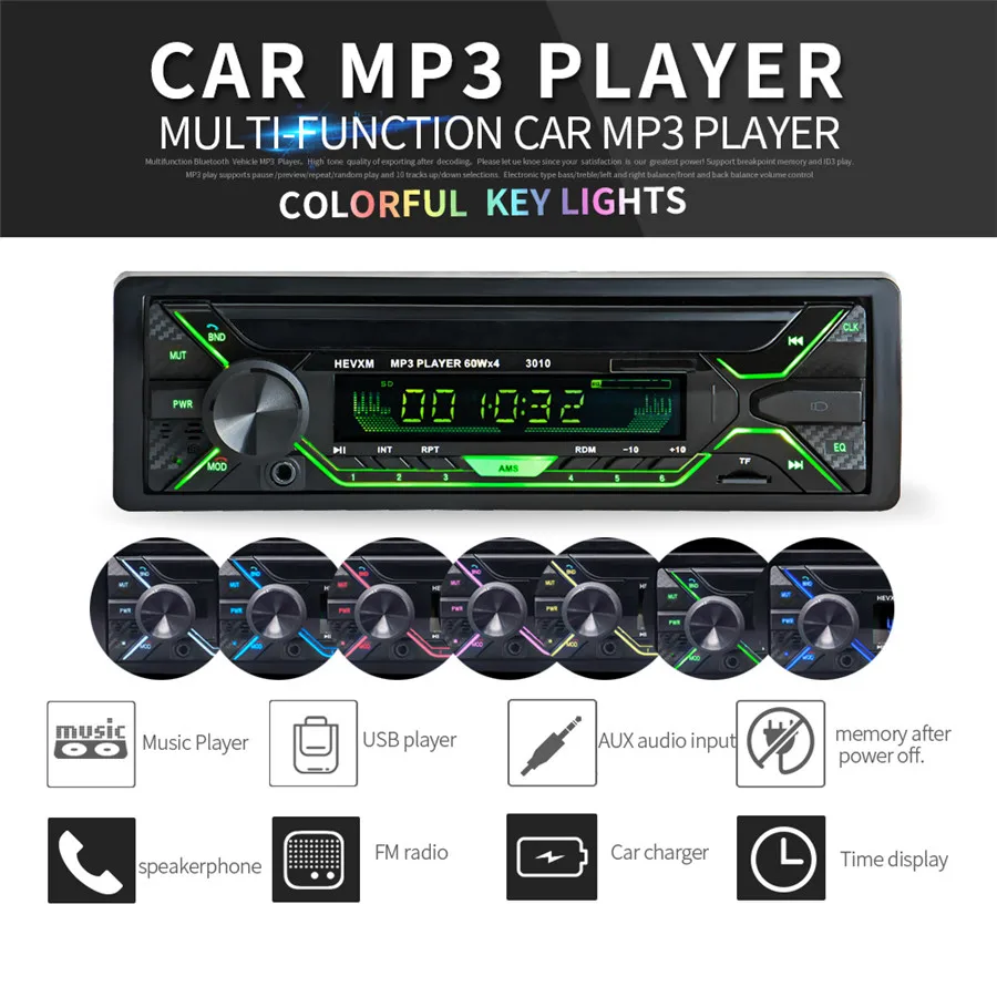 Универсальный 7 цветов подсветка автомобиля стерео радио аудио MP3 плеер в тире USB FM SD AUX 1 DIN Bluetooth беспроводной
