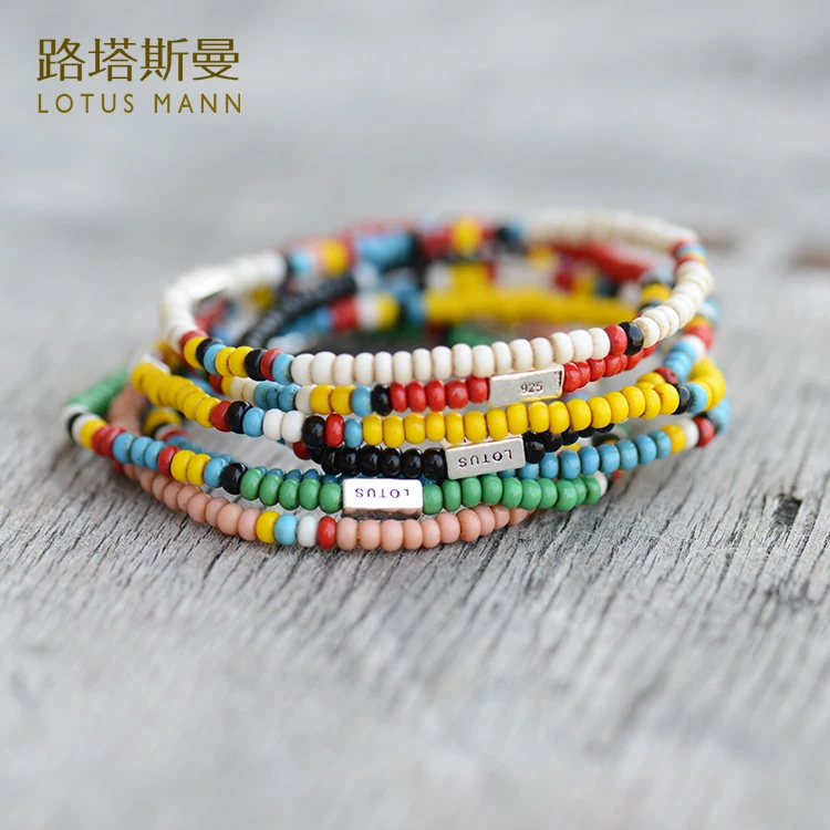 

Lotus Mann Pearl coloured glaze color matching African trade 925 silver small series bracelet multi-color