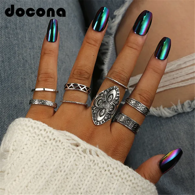 docona Bohemia Style 8pcs/set Antique Silver Rings Classic Pattern Flower Carvin docona Bohemia Style 8pcs/set Antique Silver Rings Classic Pattern Flower Carvin