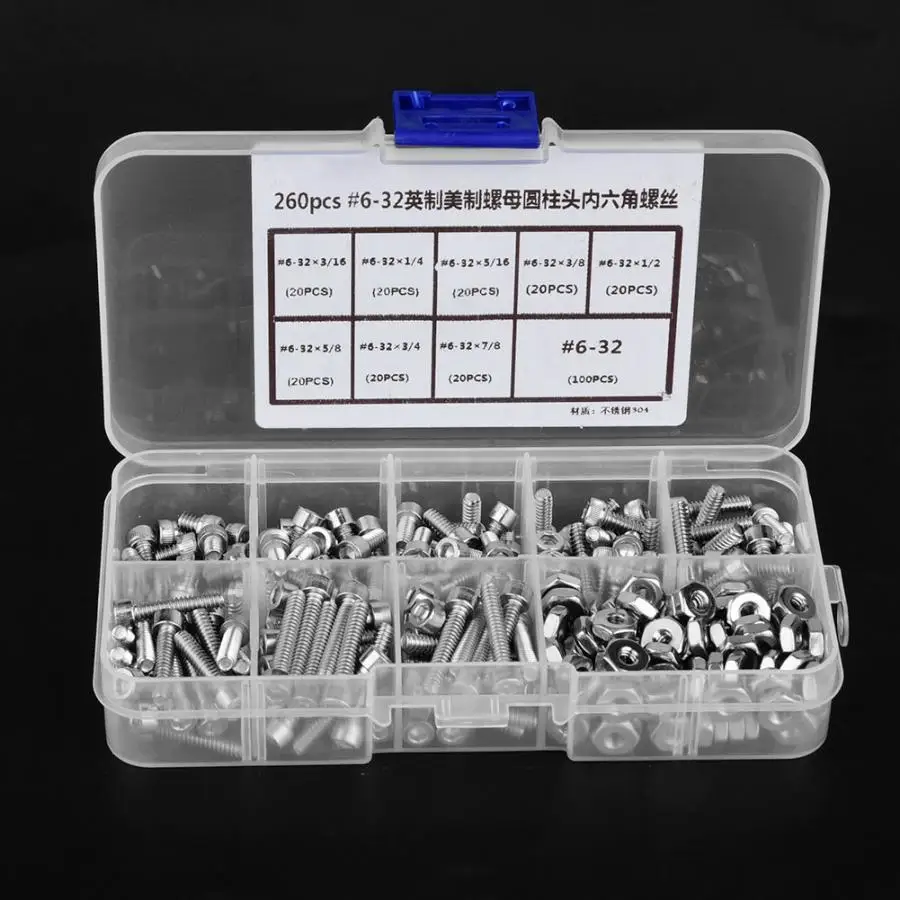 

260Pcs #6-32 Stainless Steel Hex Socket Screw Flat Countersunk Cap Head Screws Nuts Set Stainless Self Tapping Screws