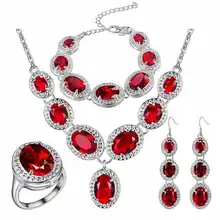 Роскошные Для женщин Серьги Цепочки и ожерелья кольцо, браслет Ювелирные наборы RU стиль красный камень капли воды комплект