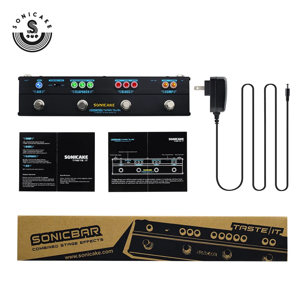 Sonicake Multi Effect Guitar Pedal Twiggy Blues 4 in 1 Effect Combined Compressor Overdrive Delay Reverb 4 Type Plug QCE-20
