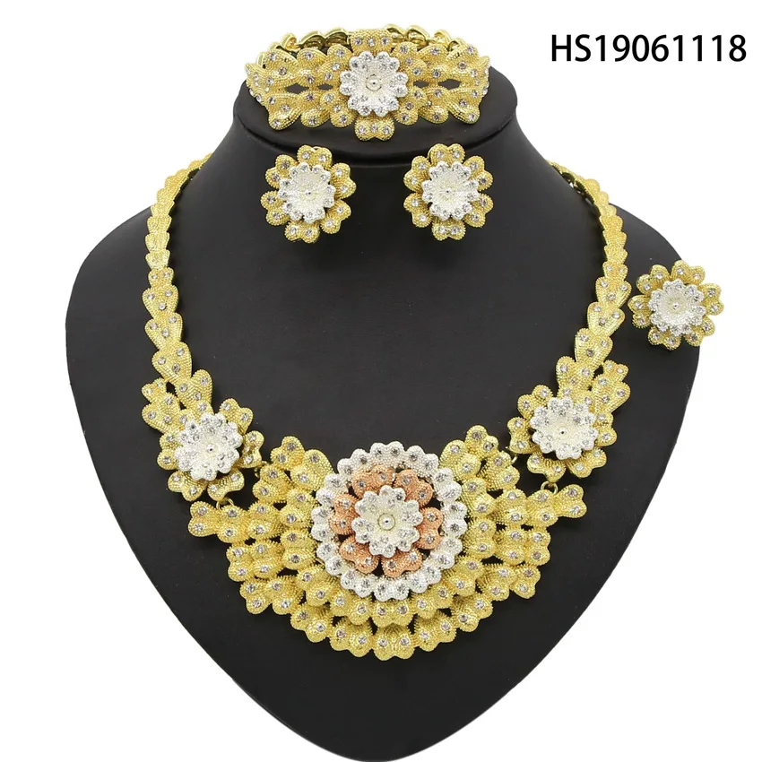 

Yulaili 2019 New Fashion Dubai Gold Bridal Jewelry Sets Crystal Flower Shape Necklaces For Women Wedding Big Party Accessories