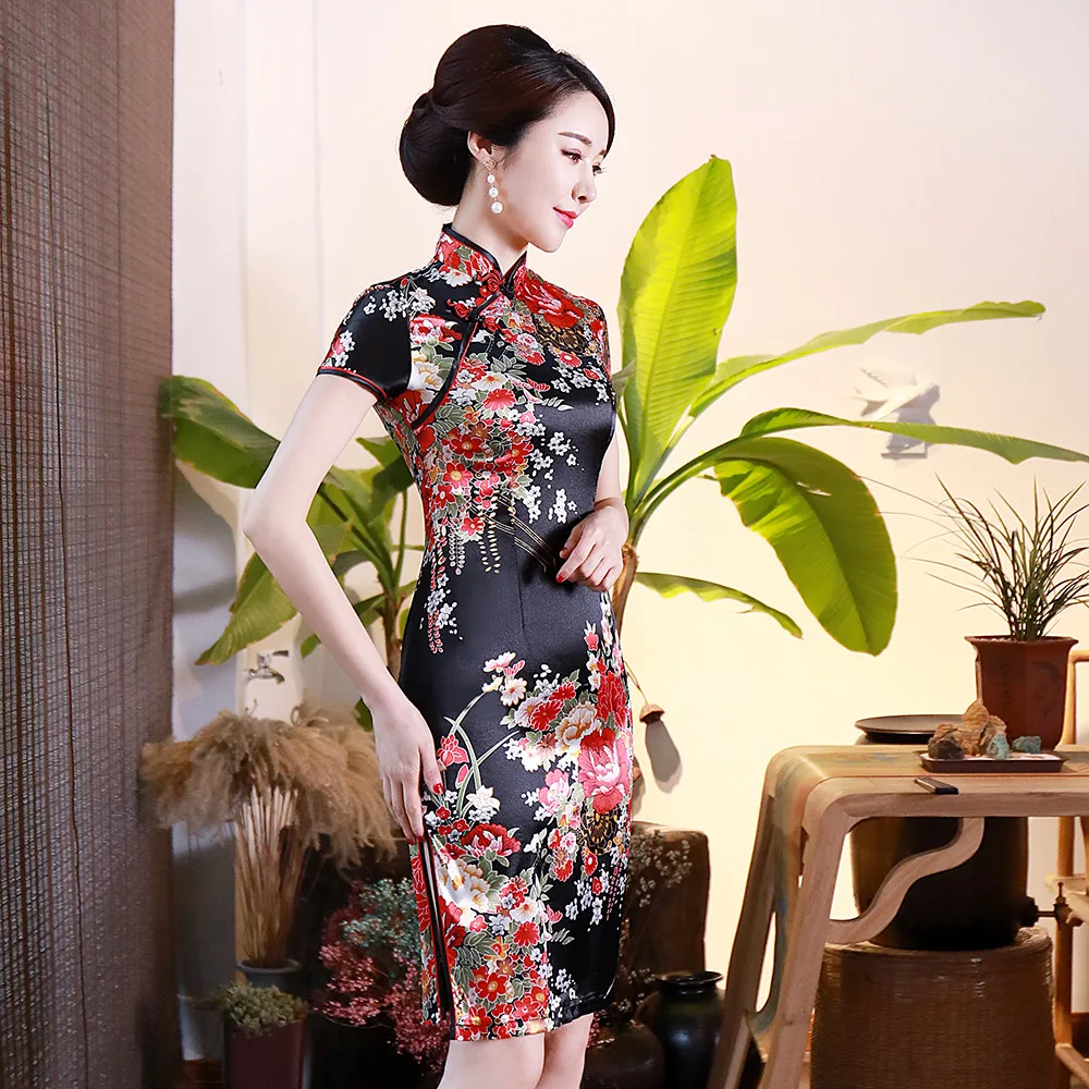 Традиционный для женщин Cheongsam китайский женский сценическое платье Винтаж атлас с цветочным принтом Qipao Vestidos Oversize 3XL 4XL 5XL 6XL