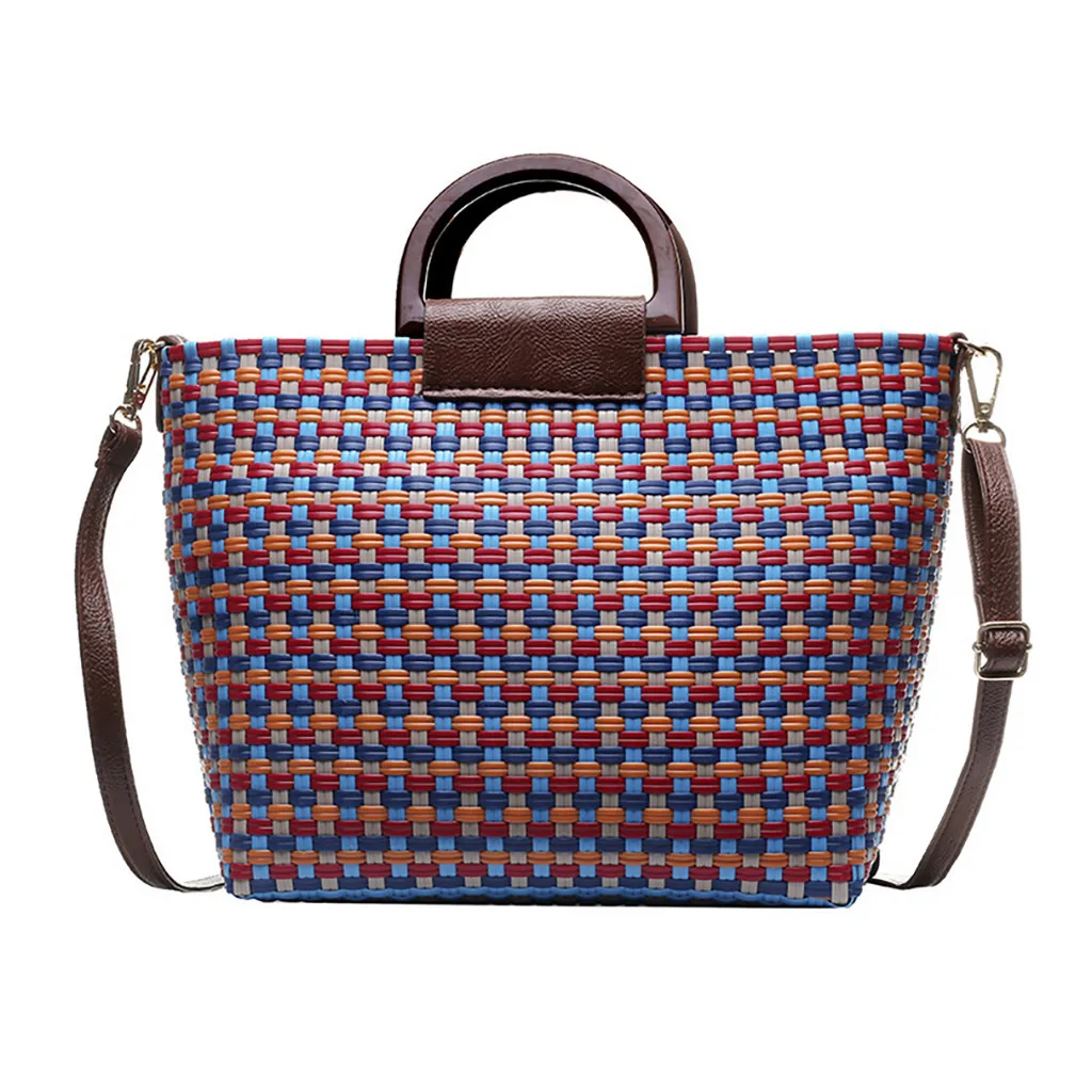 

2019 Hand-woven Straw Bag Green White Color Matching Beach Bag Rattan Shoulder Bag Women Crossbody Travel Bag