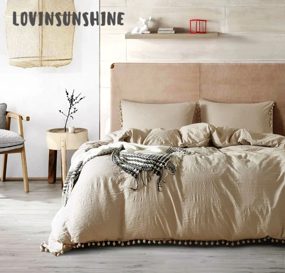

LOVINSUNSHINE Linen Duvet Cover Set Queen Bed Set Pure Pure White Washed Balls Luxury Bedding AB#90