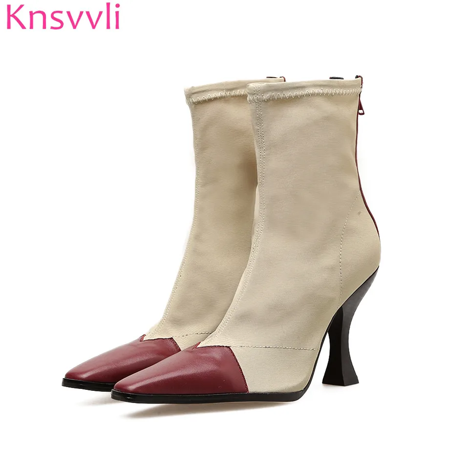 

Patchwork small square toe stretch sock boots women fashion mixed color high heel short boots med heel zip chelsea boots mulhere