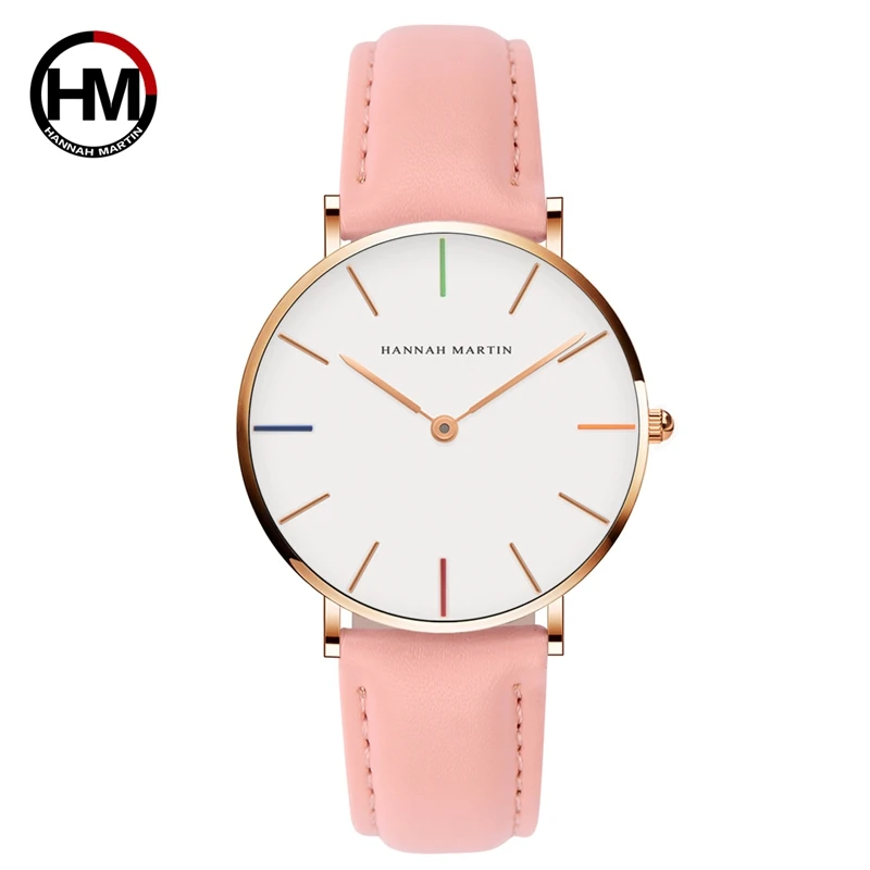 Японские кварцевые женские часы с механизмом, модные повседневные женские часы, Топ бренд, розовый ремешок из натуральной кожи, простые водонепроницаемые наручные часы 36 мм - Цвет: 3690-B36-FF