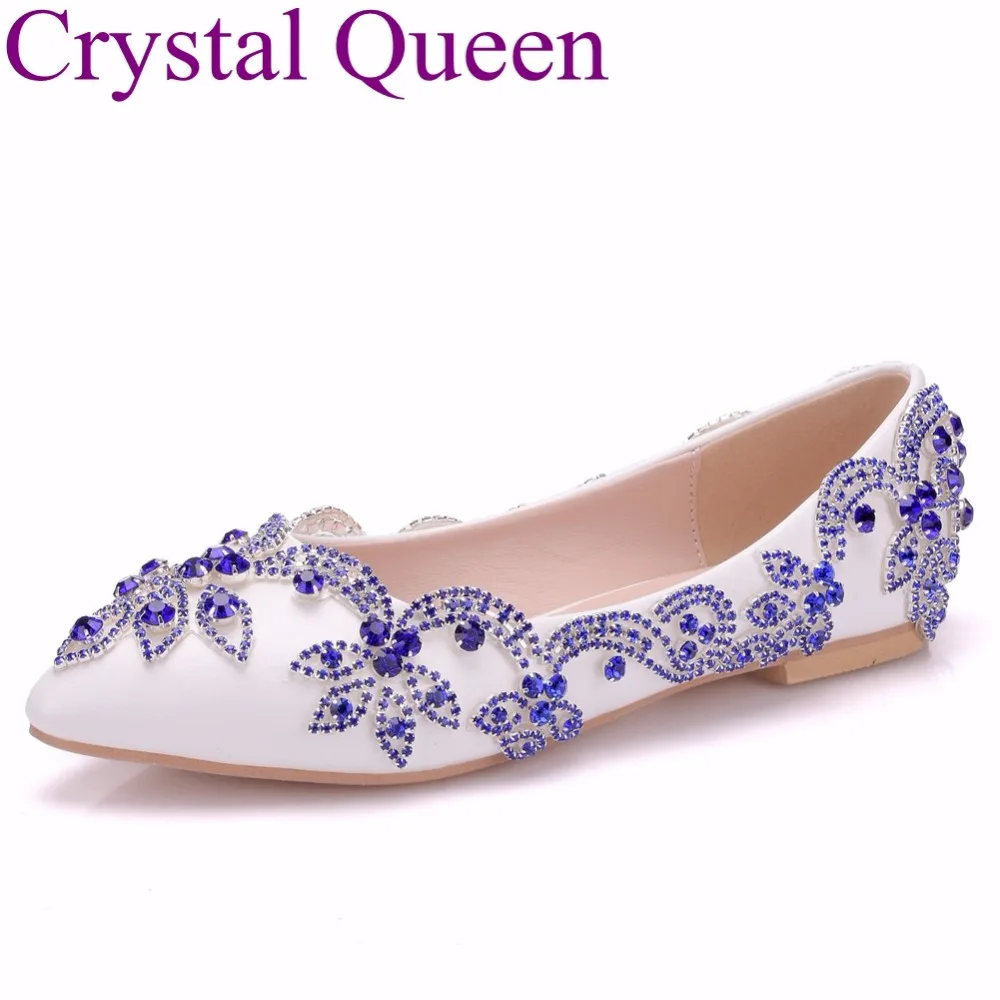 Crystal Queen Blue Rhinestone Flower Shoes Flat Heels Pointed Toe Plus