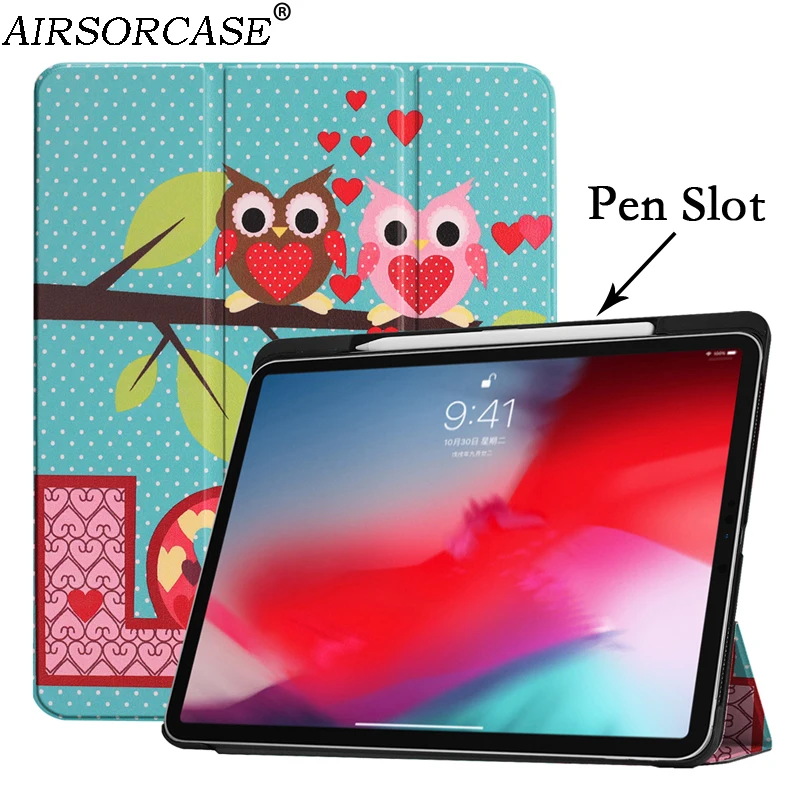 

With Pen Slot Painted pattern PU Leather Cases for Apple iPad Pro 11 2018 Tablet Case Kickstand PC Back Cover Smart Sleep Shell