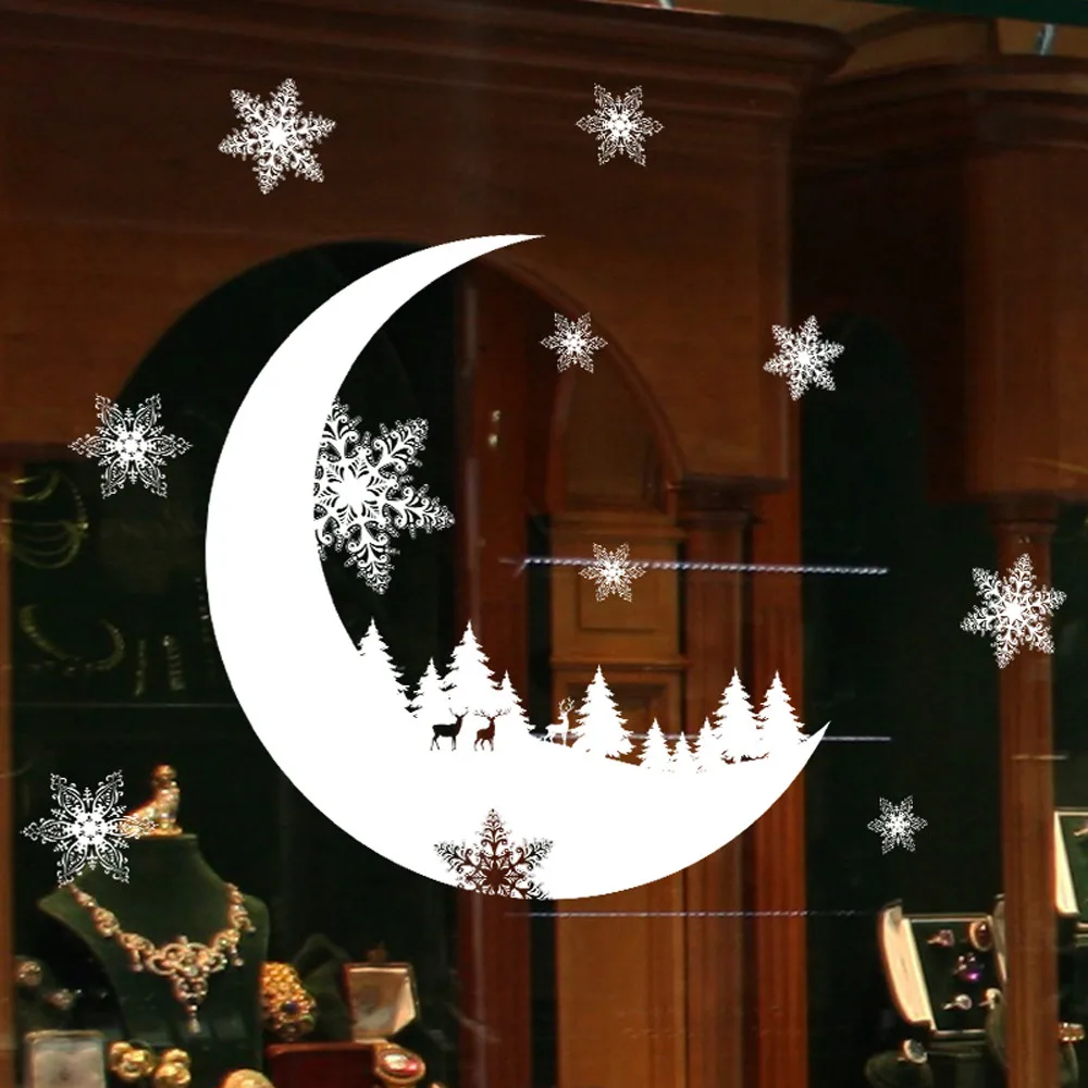 Рождественские наклейки на стену, луна, рождественская елка, снежинка, домашний магазин, окна, Настенный декор,, Рождественское украшение, стикер#3