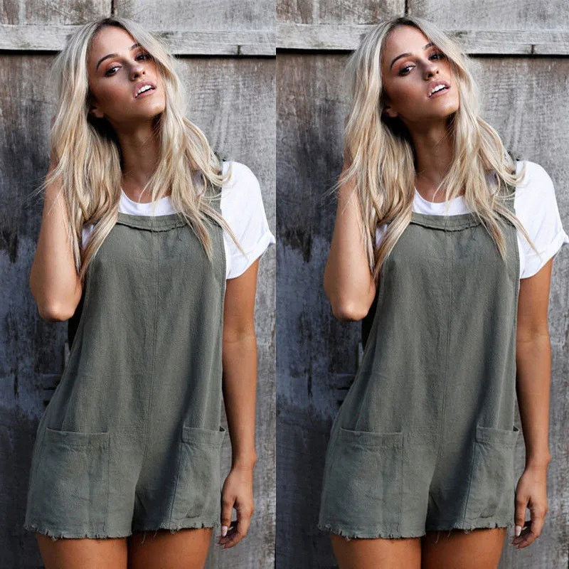 

Fashion Summer Women Vintage Bandage Straps Solid Backless Short Overalls Loose Casual With Pocket romper overalls