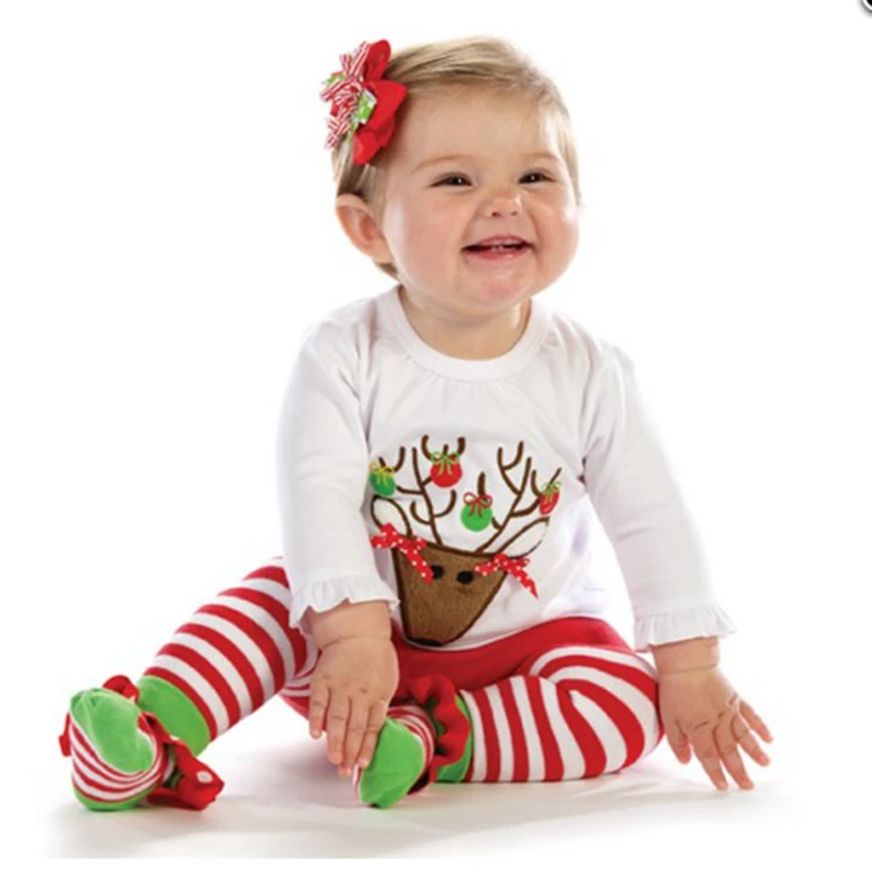 Reindeer Kids Christmas Pajamas Girls Clothing Sets Tee Pants Roupas