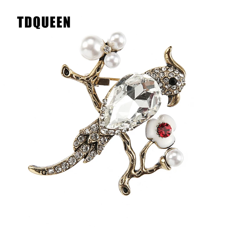 TDQUEEN Brooches Large Crystal Bird Pins and Brooches Gold-color Safety Pin Jewelry Simulated Pearl Wedding Brooch for Women